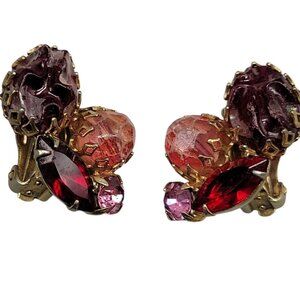 Red & Pink Cluster Bead Clip On Earring Crumple Faceted Navette Plastic & Glass